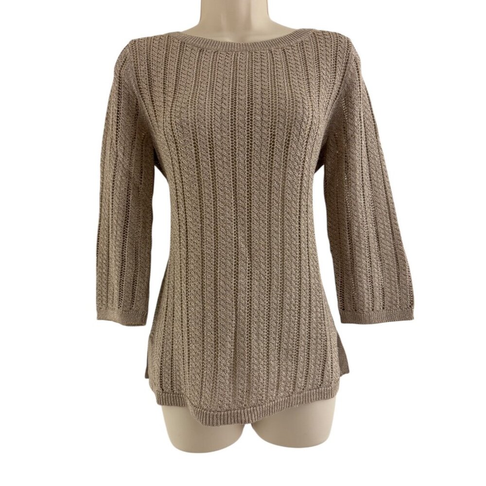 Talbots Gold Metallic Tunic Sweater Knit Linen-Blend Size M Dressy 3/4 Sleeves - Picture 2 of 8